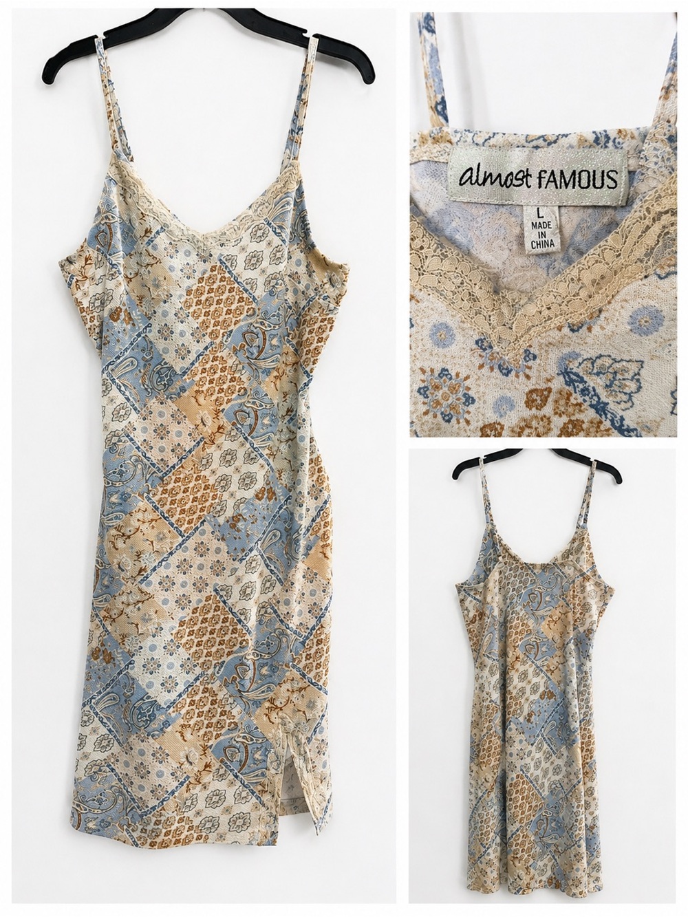 Almost Famous Patchwork Print Lace Trim Slip Dress | Size Large